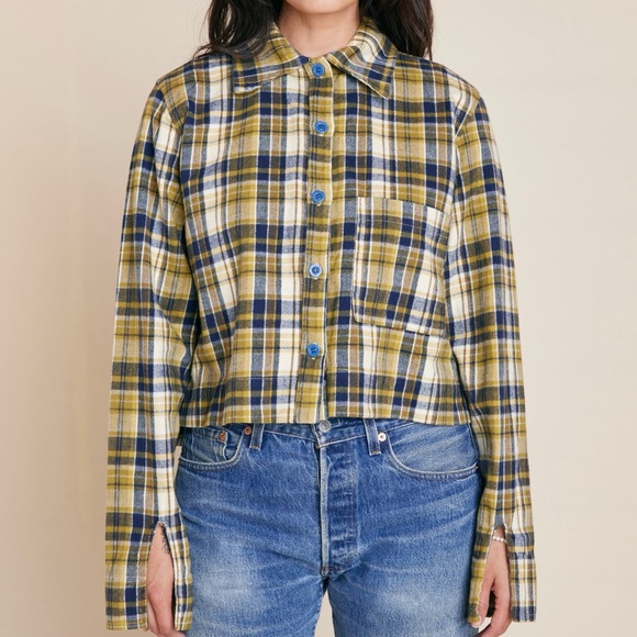 Back Beat Co. Tops - NWT Back Beat Co. ‘Plaid Boxy Cropped Shirt’ in “Gold Plaid” Size Large